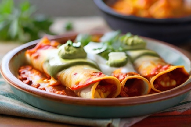 Delicious chicken enchiladas isolated on white background