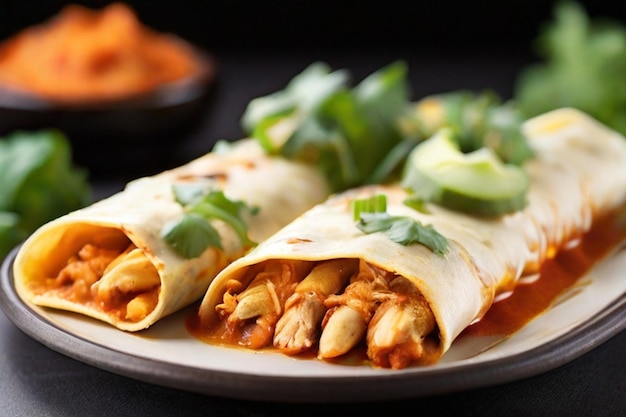 Delicious chicken enchiladas isolated on white background