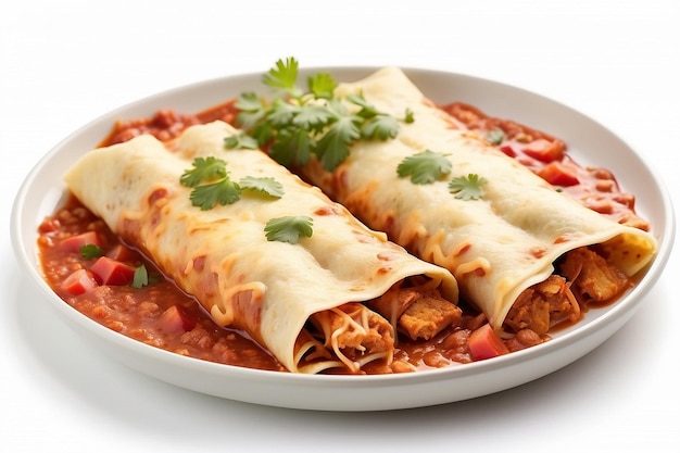 Delicious chicken enchiladas isolated on white background