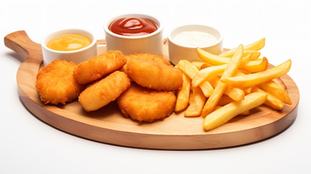 Delicious Chicken Nuggets and French Fries Isolated on White Background