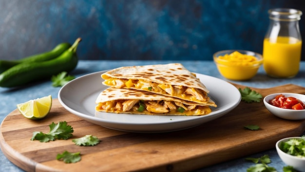 Photo delicious chicken quesadilla stacked with fresh ingredients on a plate