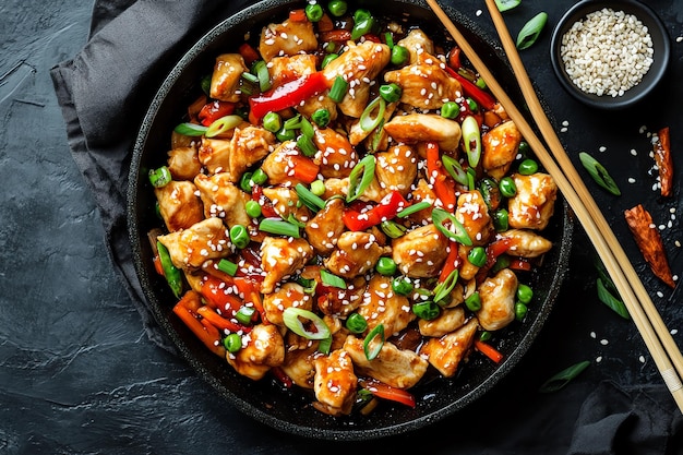 Delicious Chicken Stir Fry with Sesame Seeds Bell Peppers and Peas in a Savory Soy Sauce A Vibra