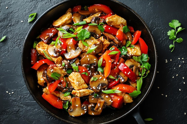 Delicious Chicken Stir Fry with Sesame Seeds Bell Peppers and Peas in a Savory Soy Sauce A Vibra