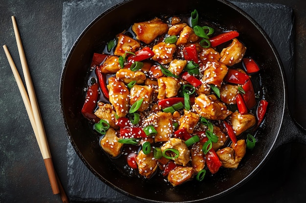 Delicious Chicken Stir Fry with Sesame Seeds Bell Peppers and Peas in a Savory Soy Sauce A Vibra