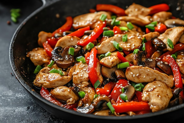 Delicious Chicken Stir Fry with Sesame Seeds Bell Peppers and Peas in a Savory Soy Sauce A Vibra