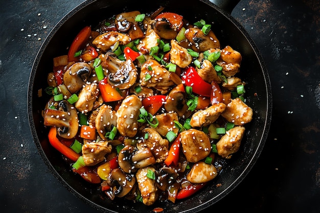 Delicious Chicken Stir Fry with Sesame Seeds Bell Peppers and Peas in a Savory Soy Sauce A Vibra