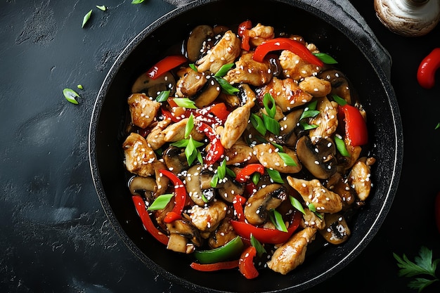 Delicious Chicken Stir Fry with Sesame Seeds Bell Peppers and Peas in a Savory Soy Sauce A Vibra