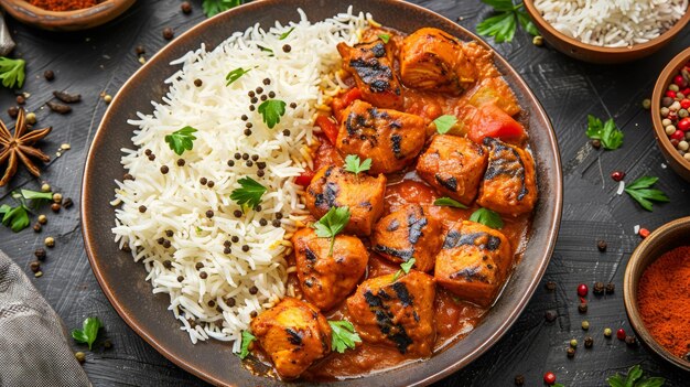 Delicious Chicken Tikka Masala with Basmati Rice Garnished with Herbs on Rustic Table Traditional