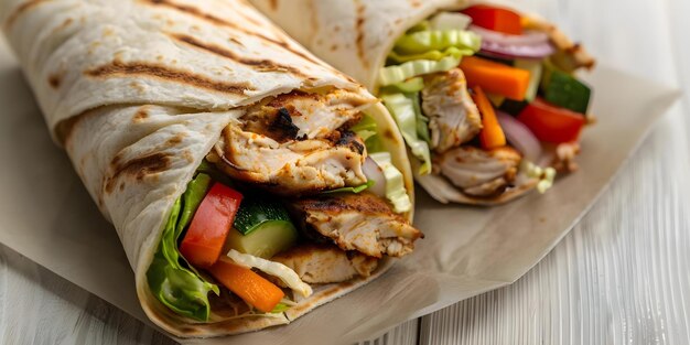 Photo delicious chicken and vegetable shawarma wrap with gyro salad a foodie favorite concept middle eastern cuisine shawarma wraps gyro salad delicious food food photography