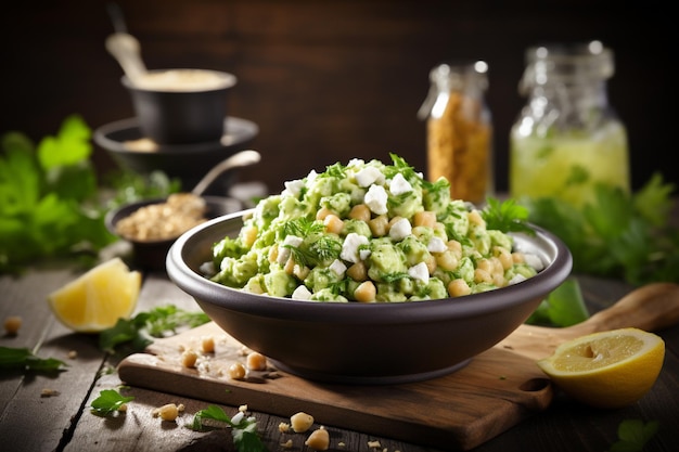 Delicious chickpea salad with avocado and feta cheese