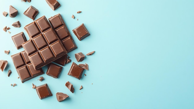 Delicious Chocolate Bar Pieces on Light Blue Background