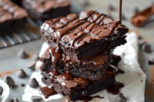 Photo delicious chocolate brownies being drizzled with chocolate sauce