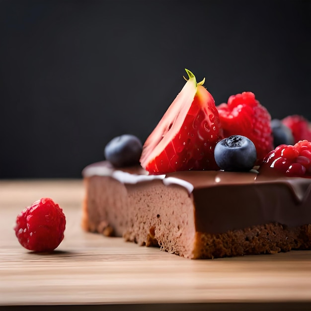 Delicious chocolate cake decorated with fresh berries on wooden table