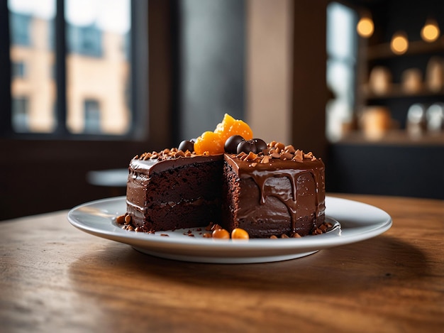 Photo delicious chocolate cake garnished with sliced peaches on a wooden table in a cozy cafe