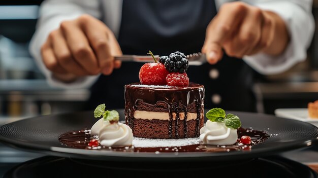 Photo delicious chocolate cake with berries and cream being plated in a gourmet kitchen