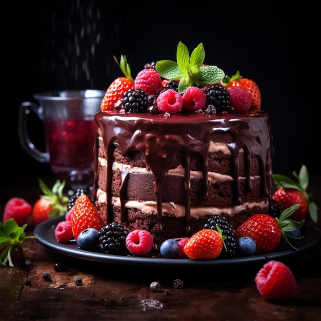 Delicious chocolate cake with berries on table against black background