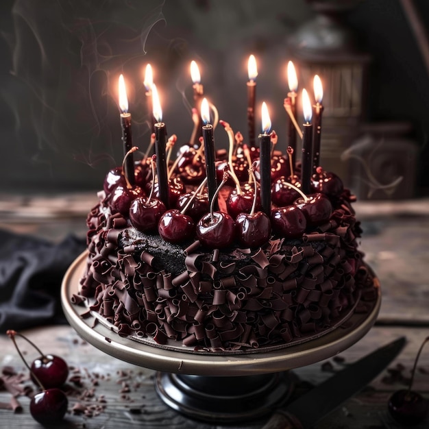 Photo delicious chocolate cake with cherries and lit candles on a cake stand