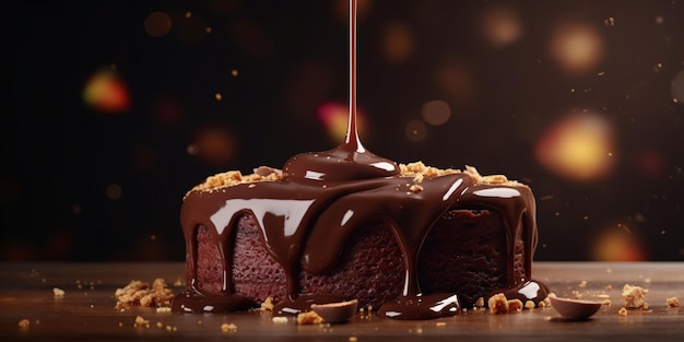 Delicious chocolate cake with creamy chocolate ganache dripping on top Created with Generative AI technology