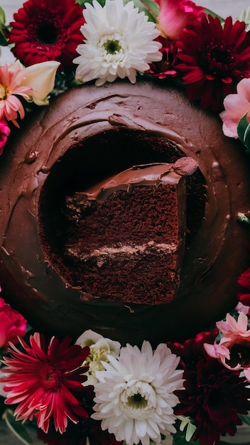 Delicious chocolate cake with flowers