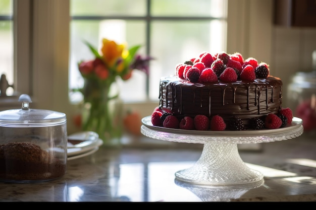 Delicious chocolate cake with fresh raspberries on the cake pan desserts