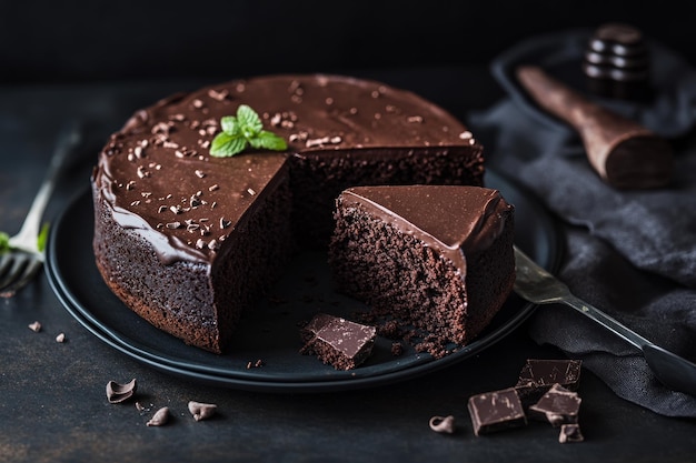 Photo delicious chocolate cake with mint garnish