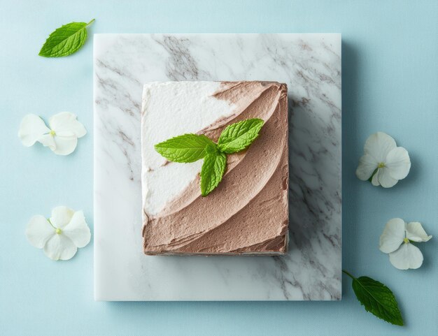 Photo delicious chocolate cake with mint leaves on marble background