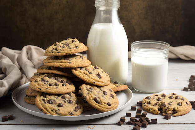 Delicious chocolate chip cookies arranged in a pile on a white plate alongside milk bottles