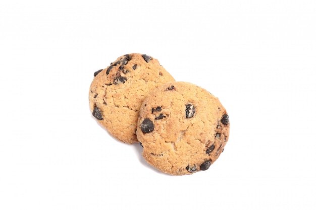 Delicious chocolate chip cookies on white table