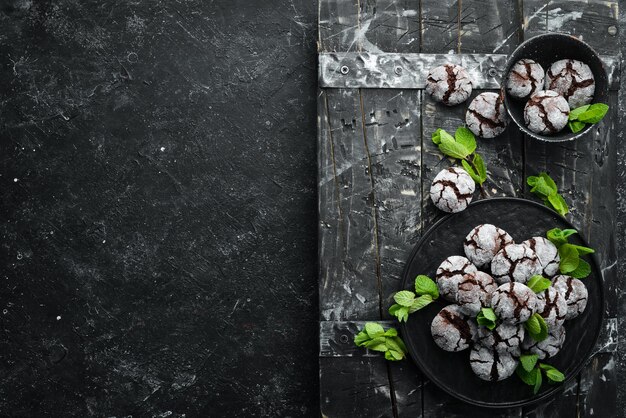 Delicious chocolate chip cookies with mint and sugar Top view