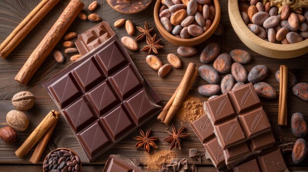 Delicious chocolate and cocoa beans on a rustic wooden table Aesthetic flatlay style with highquality photography Perfect for food blogs culinary articles and promotional material AI