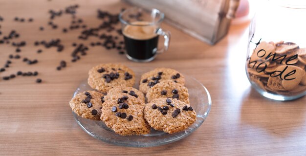 Delicious chocolate cookies in a table