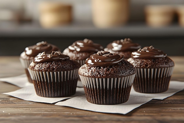 Photo delicious chocolate cupcakes arranged on a wooden table