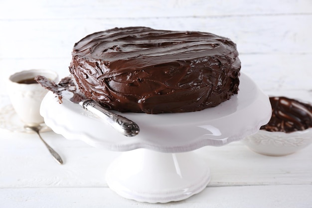 Delicious chocolate dessert on white background