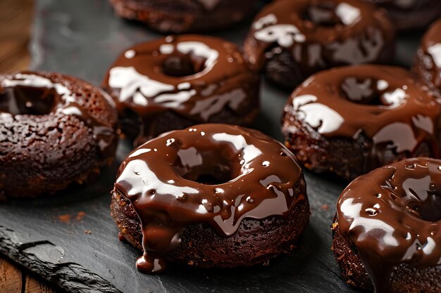 Delicious chocolate donuts with melted chocolate