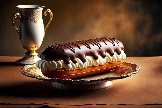 Delicious chocolate eclair with cream on table