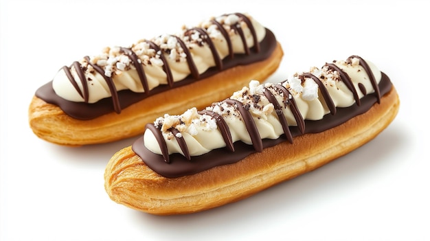 Photo delicious chocolate eclairs topped with creamy frosting and drizzled with chocolate presented on a w