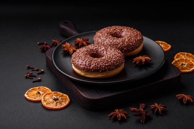 Delicious chocolate glazed donut sprinkled with chocolate chips