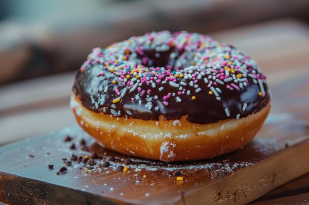 Delicious chocolate glazed donut with sprinkles on wooden table