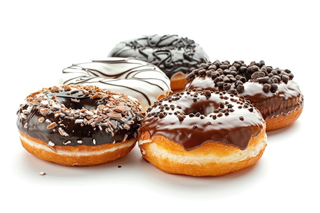 Delicious chocolate glazed donuts sprinkled with various toppings displayed on a wooden board a tempting sweet treat