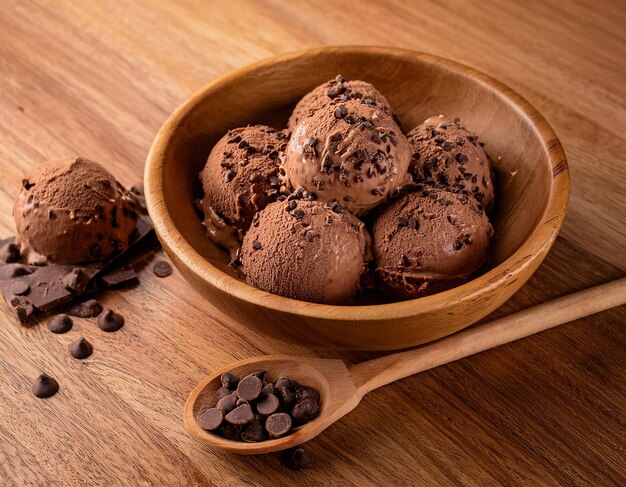 Photo delicious chocolate ice cream balls placed in a wooden bowl