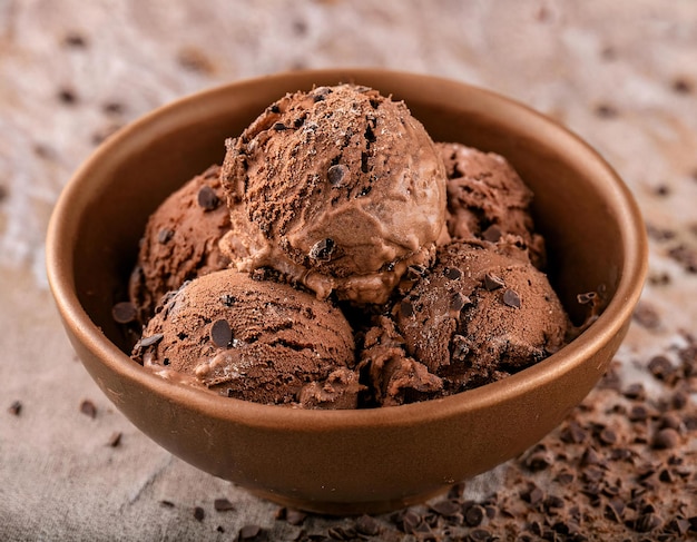 Photo delicious chocolate ice cream balls placed in a wooden bowl