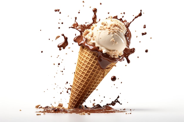 Photo delicious chocolate ice cream cone splashing with flavorful waffle cone delight in sunny summer vibes on white or png transparent background