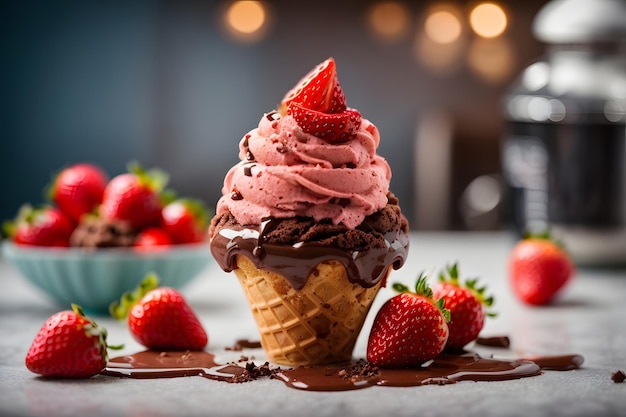 Delicious chocolate ice cream cone with strawberry topping