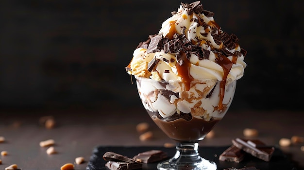 Delicious Chocolate Ice Cream Sundae with Caramel Sauce