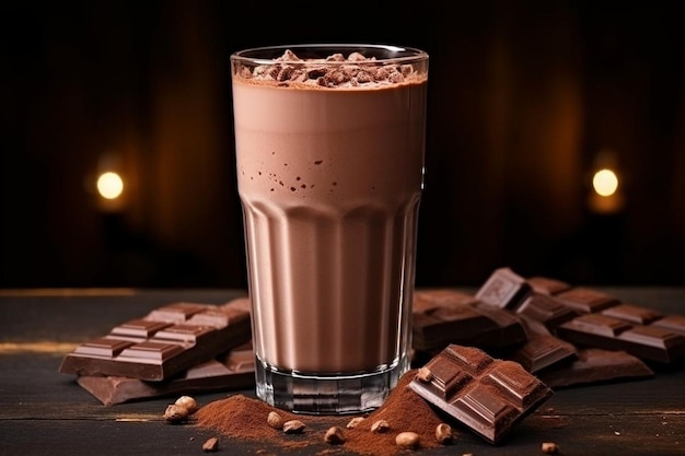 Delicious chocolate milkshake in glass on wooden table