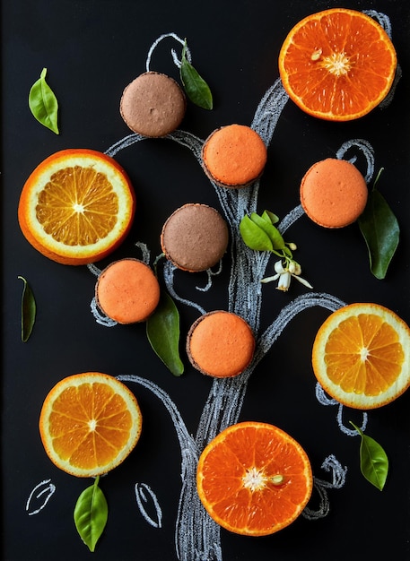 Delicious chocolateflavored macarons with orange on a dark wooden background