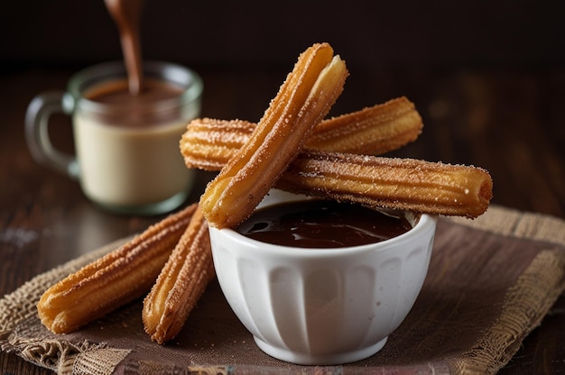 Photo delicious churros with rich chocolate dipping sauce