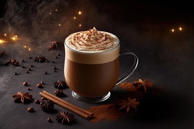 Delicious cinnamon flavored holiday coffee with froth next to hollies against a dark background