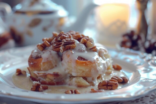 Photo delicious cinnamon roll covered in pecans and icing sitting on plate