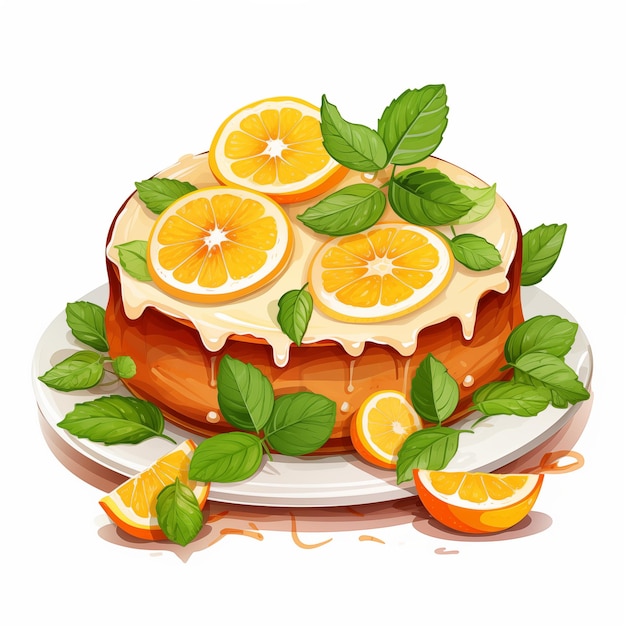 Photo delicious citrus cake topped with fresh orange slices and green leaves